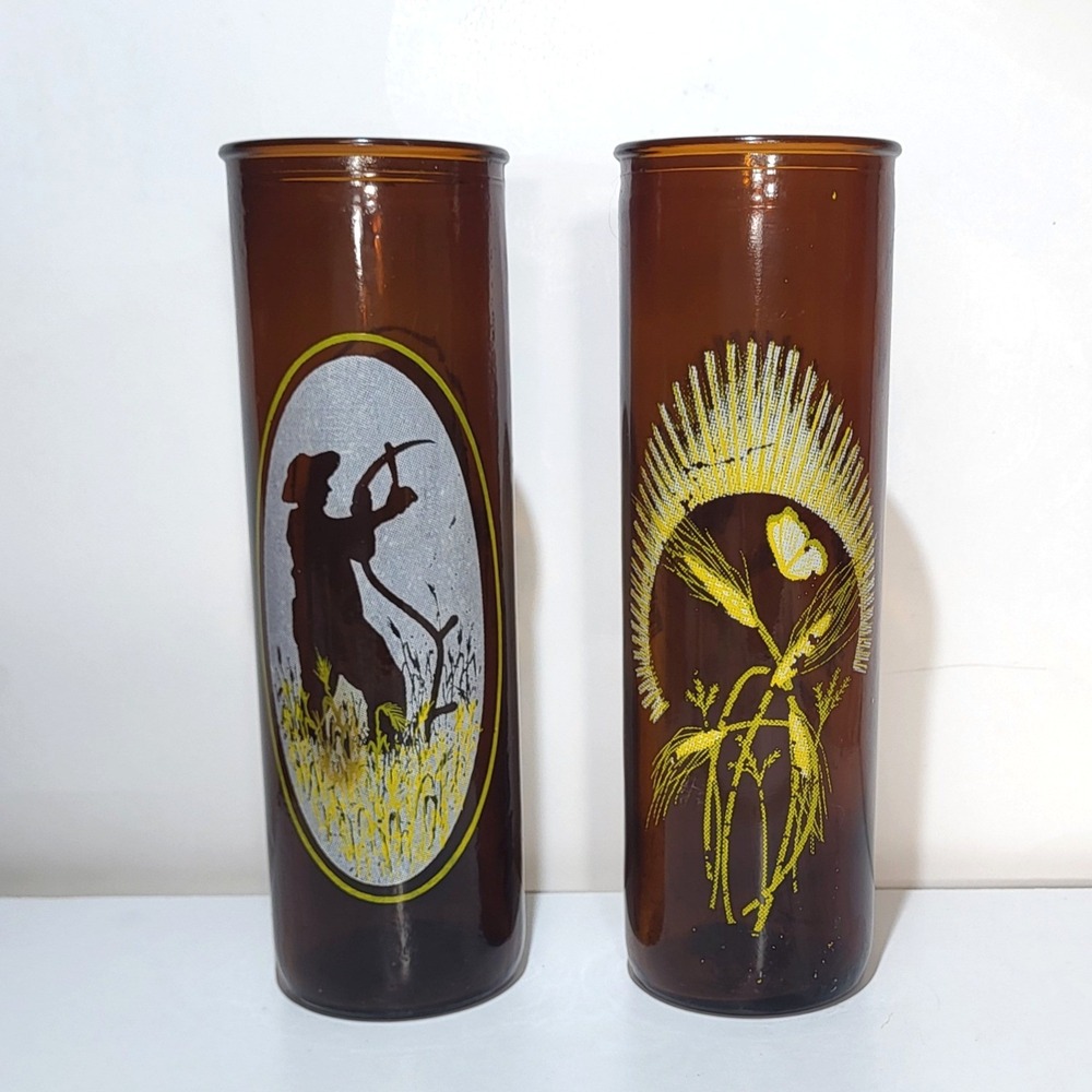 Vintage Amber Glass Harvest Vases Set 2 Farmer Wheat Scythe Brown 9in Tall